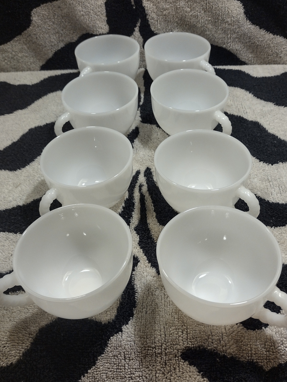 8 Piece Set Vintage Hazel Atlas Beaded Handle Milk Glass Cups